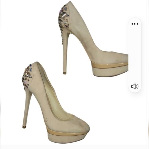 Brian Atwood Nude / Champagne suede Crystal Back Platform Heels stilettos 7 - Picture 3 of 6